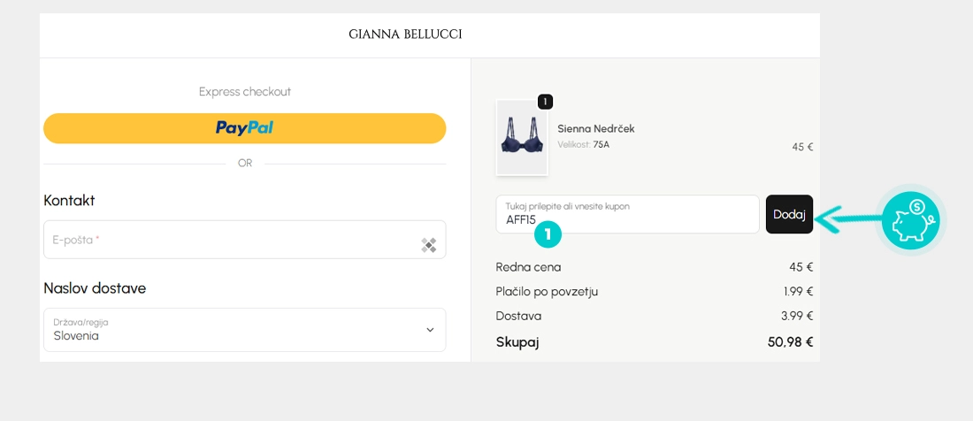 Navodila za uporabo kode za popust v spletni košarici za Gianna Bellucci