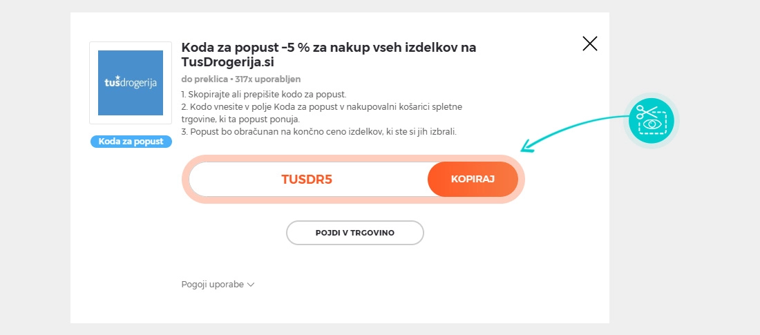 Navodila kako kopirati kodo za popust za Tuš drogerija