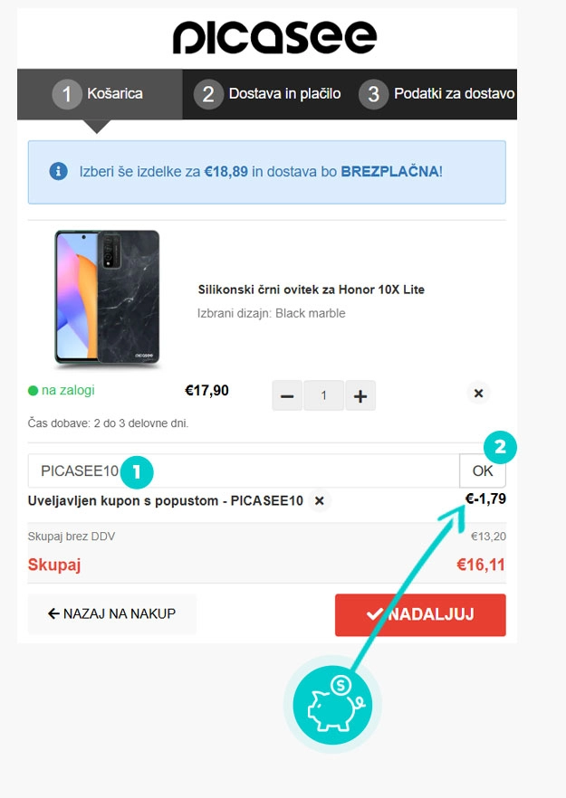 Navodila za uporabo kode za popust v spletni košarici za Picasee