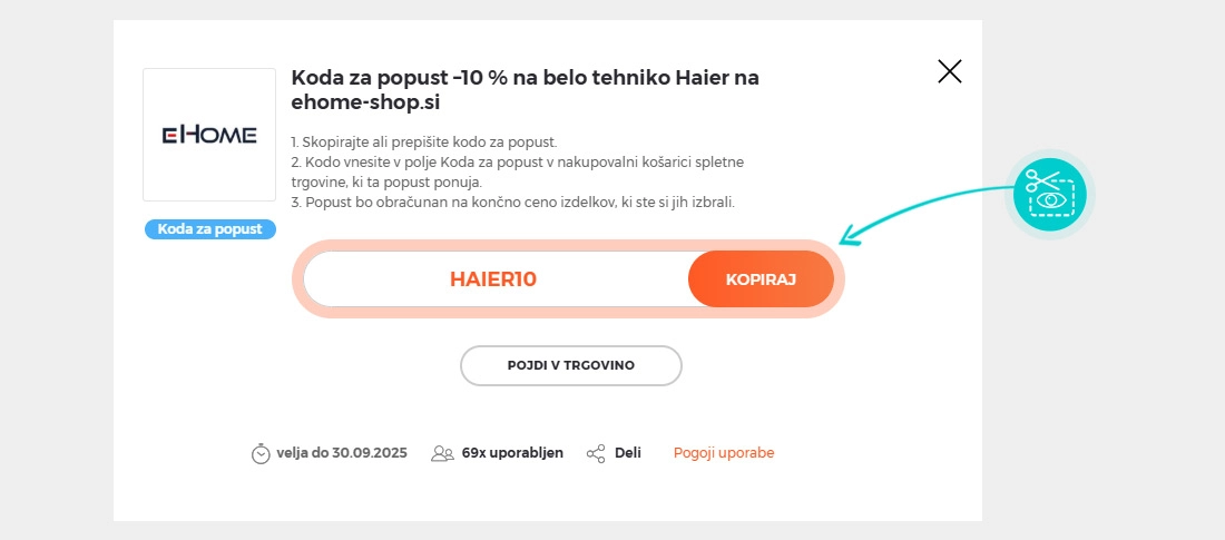 Navodila kako kopirati kodo za popust za Ehome shop