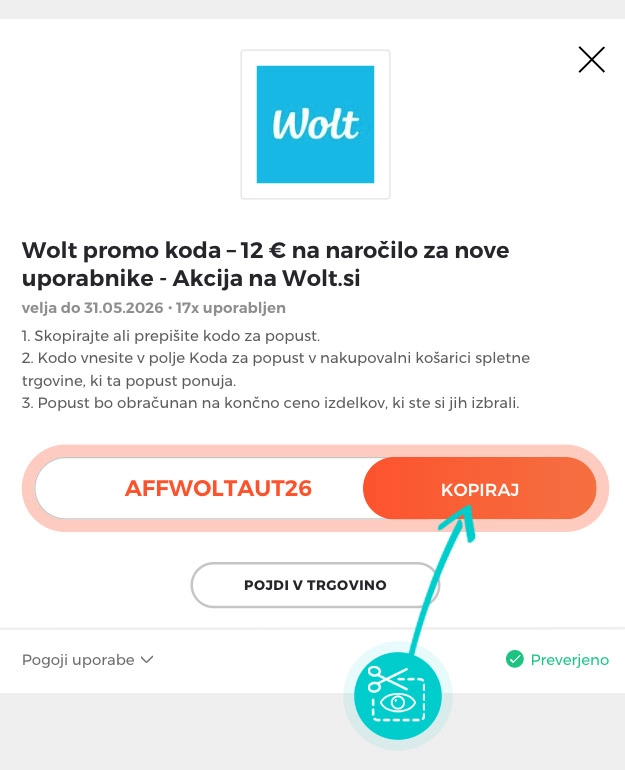Navodila kako kopirati kodo za popust za Wolt