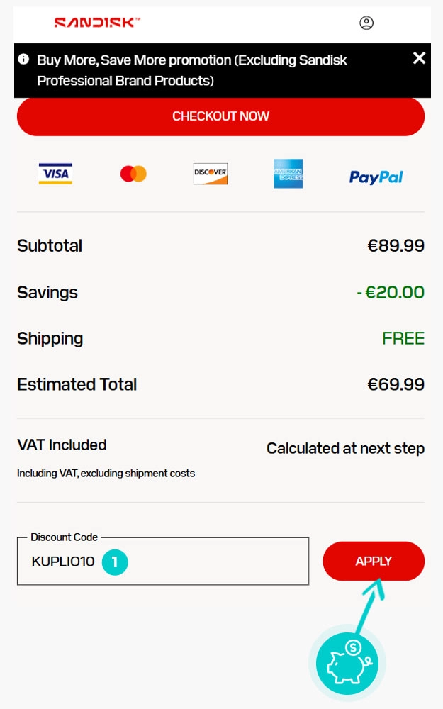 Navodila za uporabo kode za popust v spletni košarici za Sandisk