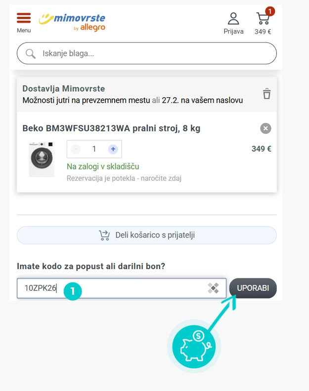 Navodila za uporabo kode za popust v spletni košarici za Mimovrste