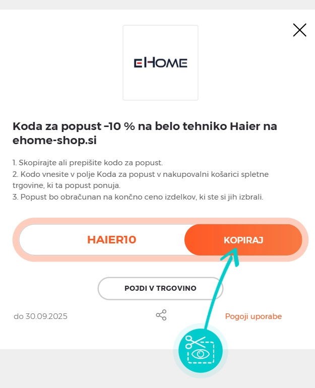 Navodila kako kopirati kodo za popust za Ehome shop