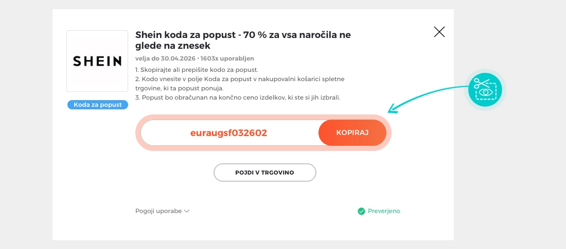 Navodila kako kopirati kodo za popust za Shein