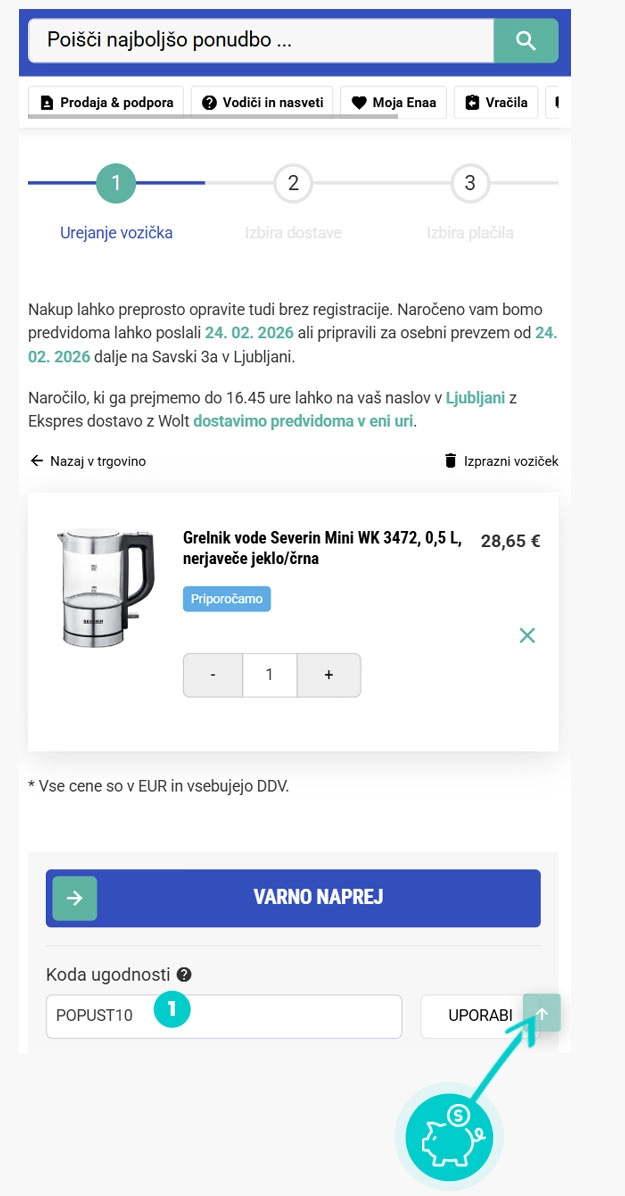 Navodila za uporabo kode za popust v spletni košarici za enaA