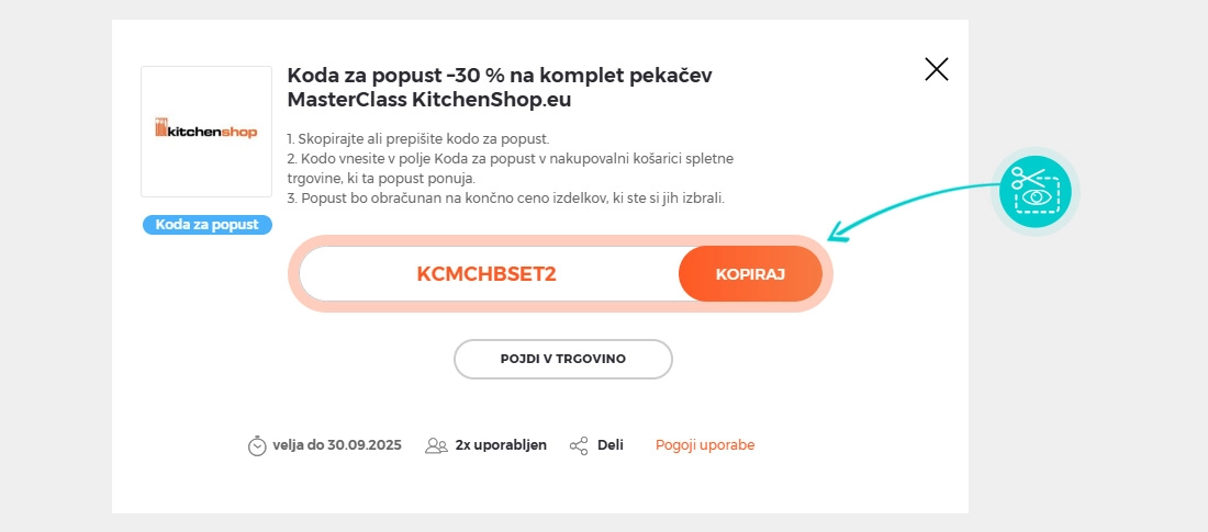 Navodila kako kopirati kodo za popust za KitchenShop