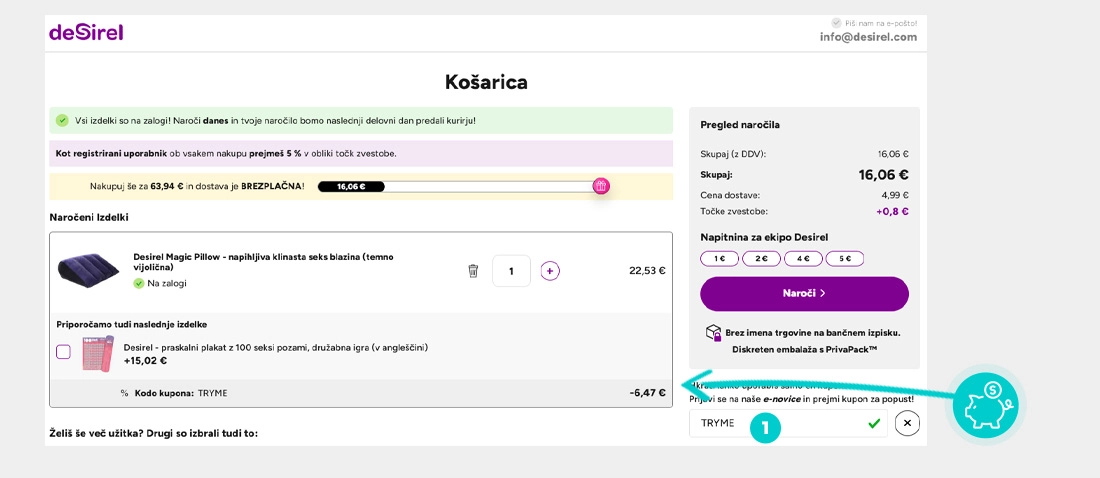 Navodila za uporabo kode za popust v spletni košarici za Desirel