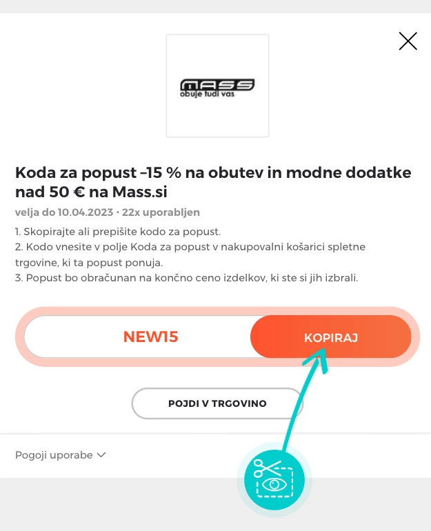 Navodila kako kopirati kodo za popust za Mass