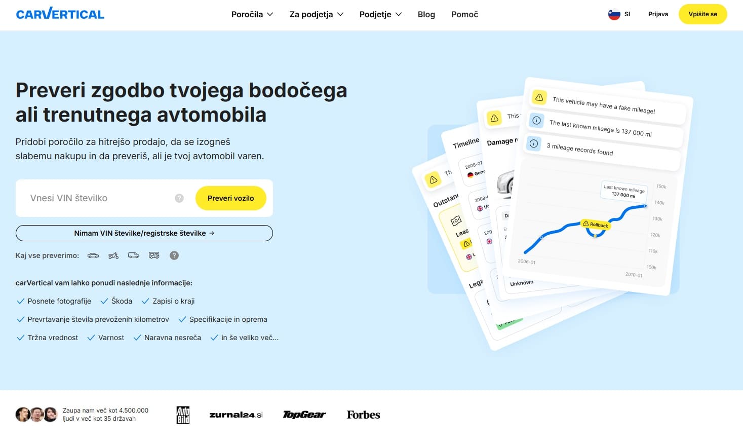 preverite zgodovino rabljenega avta ali vozila z vnosom VIN številke