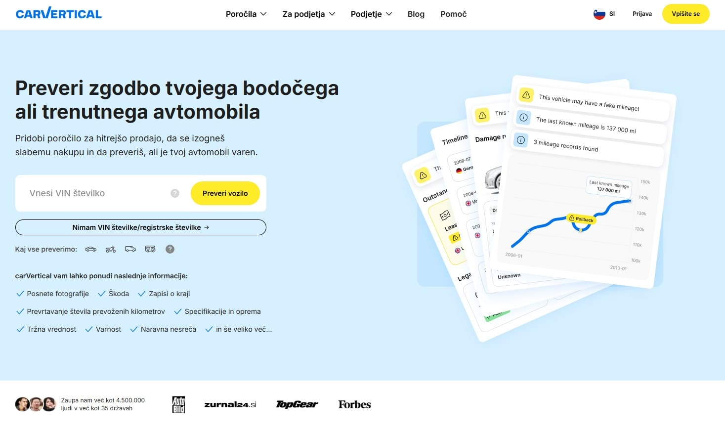 preverite zgodovino rabljenega avta ali vozila z vnosom VIN številke