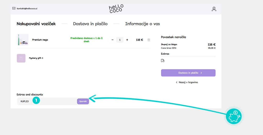 Navodila za uporabo kode za popust v spletni košarici za hello coco