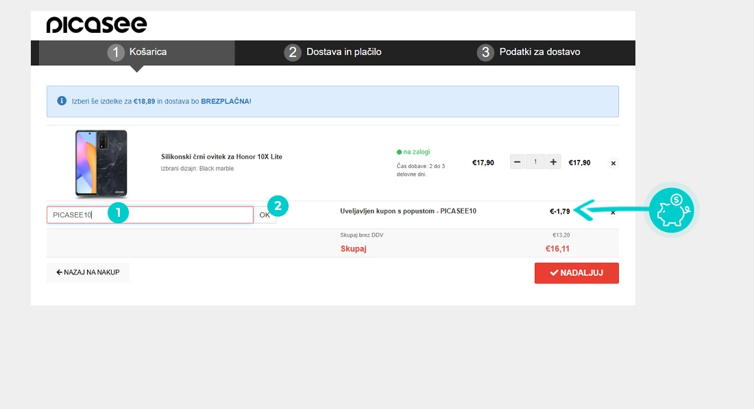 Navodila za uporabo kode za popust v spletni košarici za Picasee
