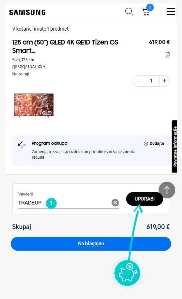 Navodila za uporabo kode za popust v spletni košarici za Samsung