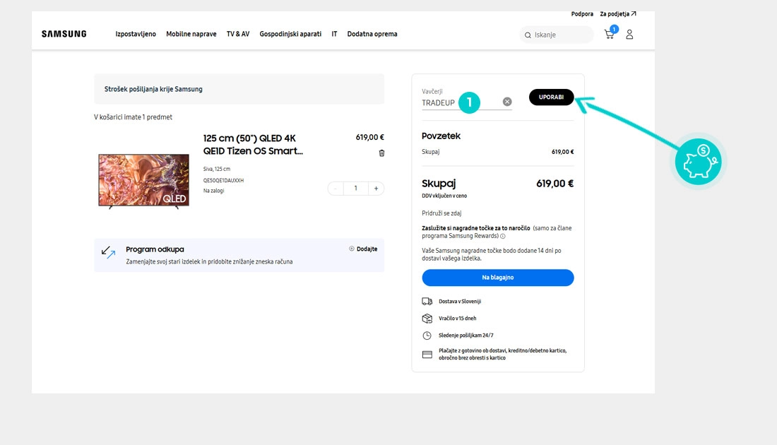 Navodila za uporabo kode za popust v spletni košarici za Samsung