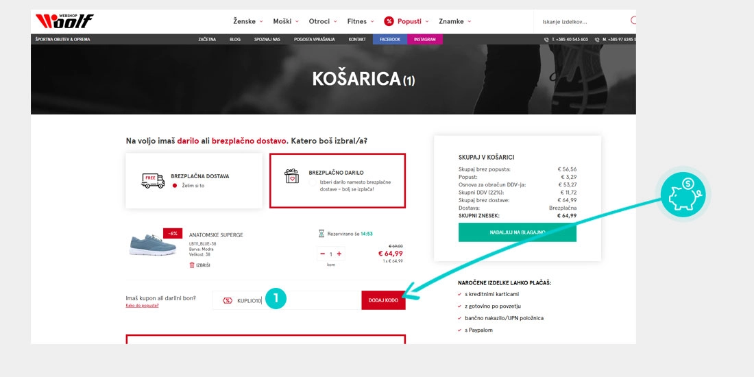 Navodila za uporabo kode za popust v spletni košarici za Woolf shop