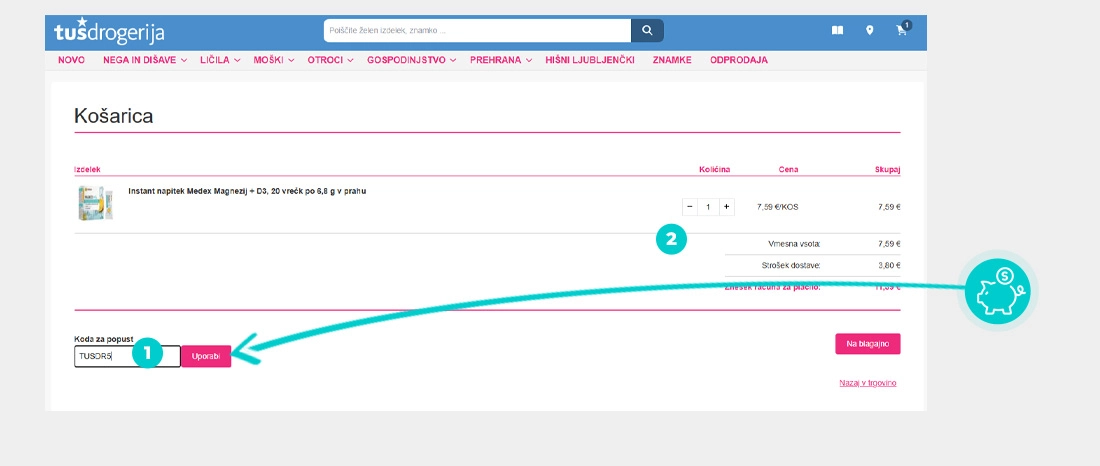 Navodila za uporabo kode za popust v spletni košarici za Tuš drogerija