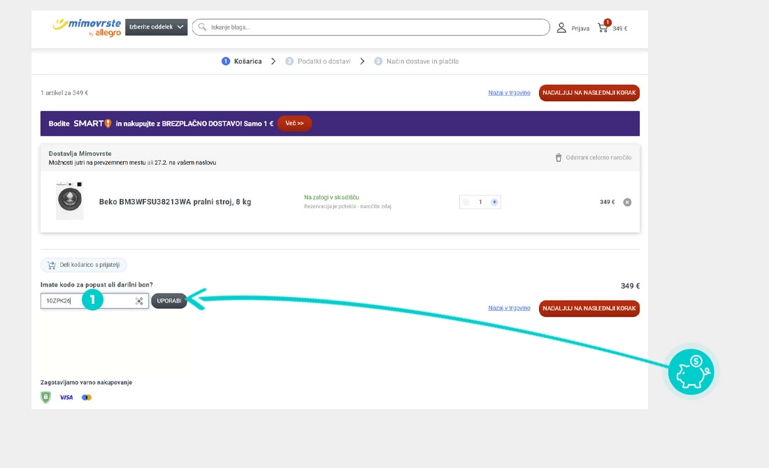 Navodila za uporabo kode za popust v spletni košarici za Mimovrste