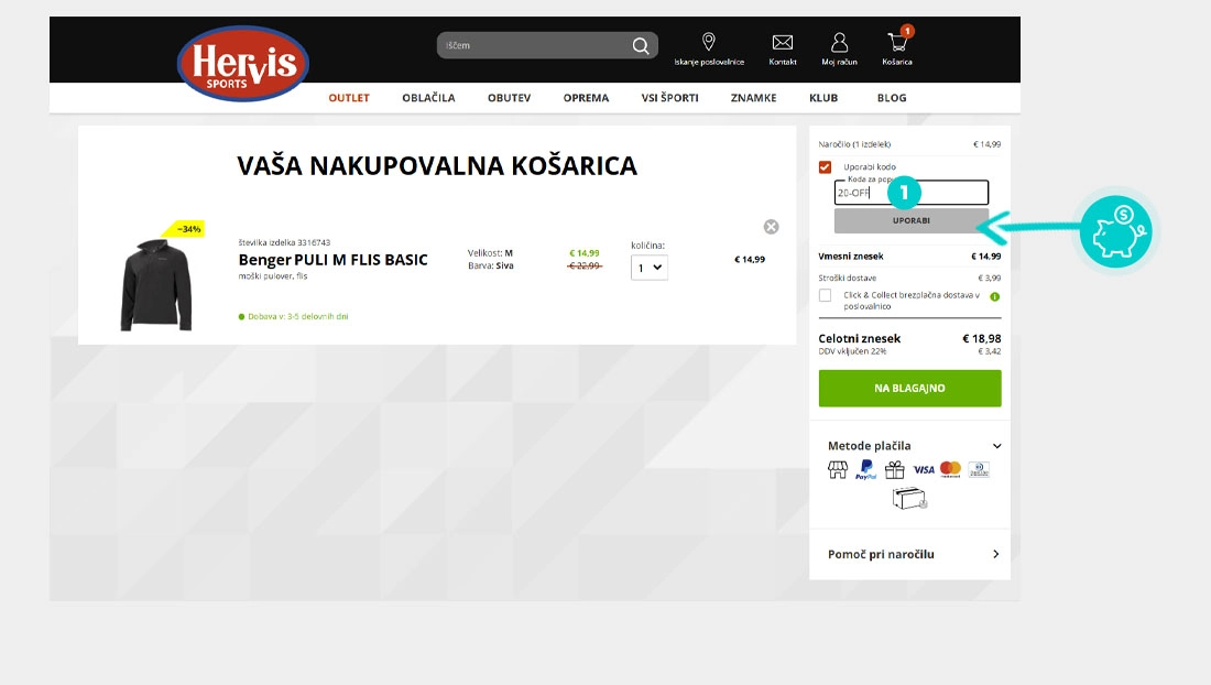 Navodila za uporabo kode za popust v spletni košarici za Hervis
