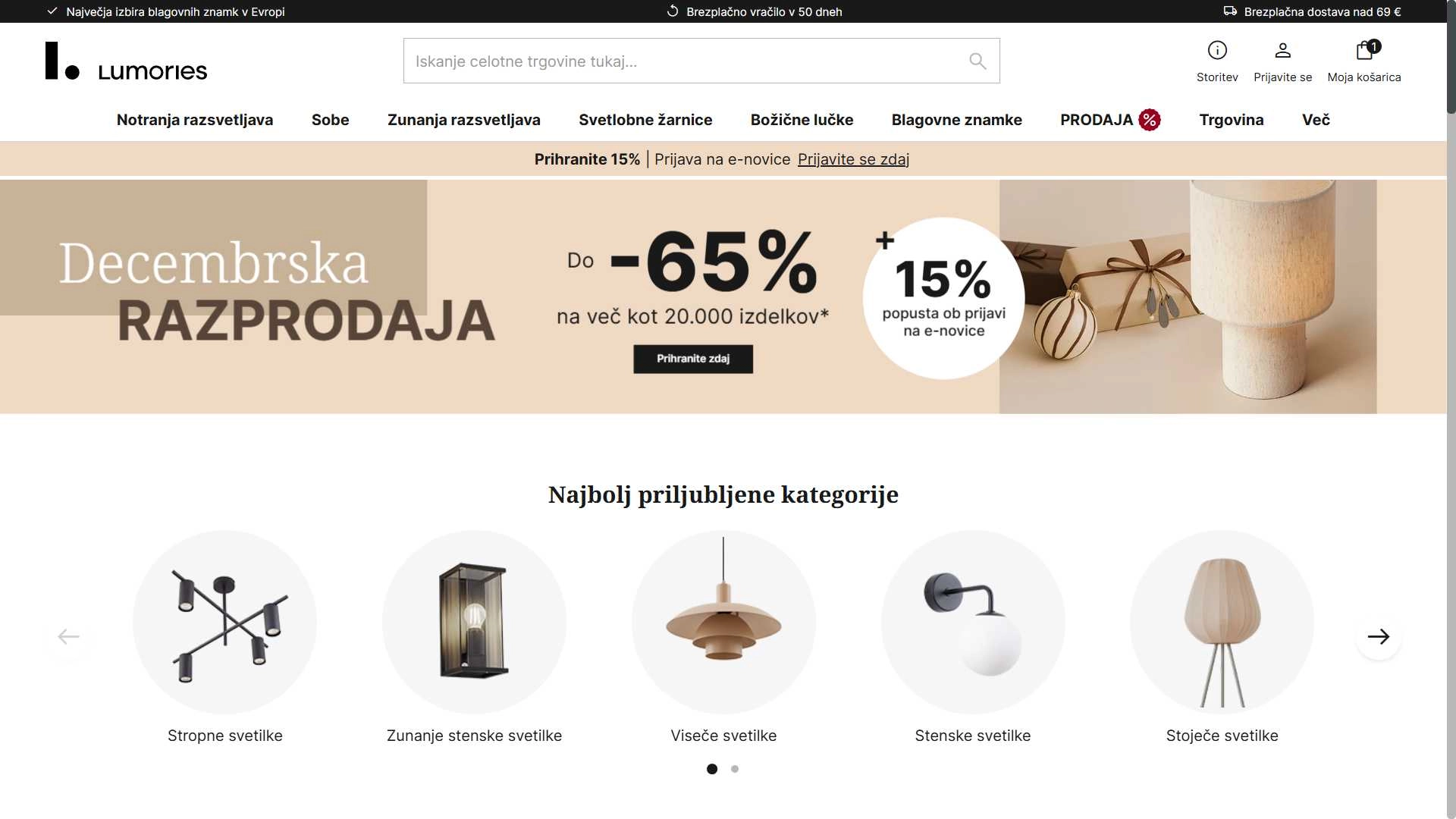 Domača spletna stran spletne trgovine Lumories.si.