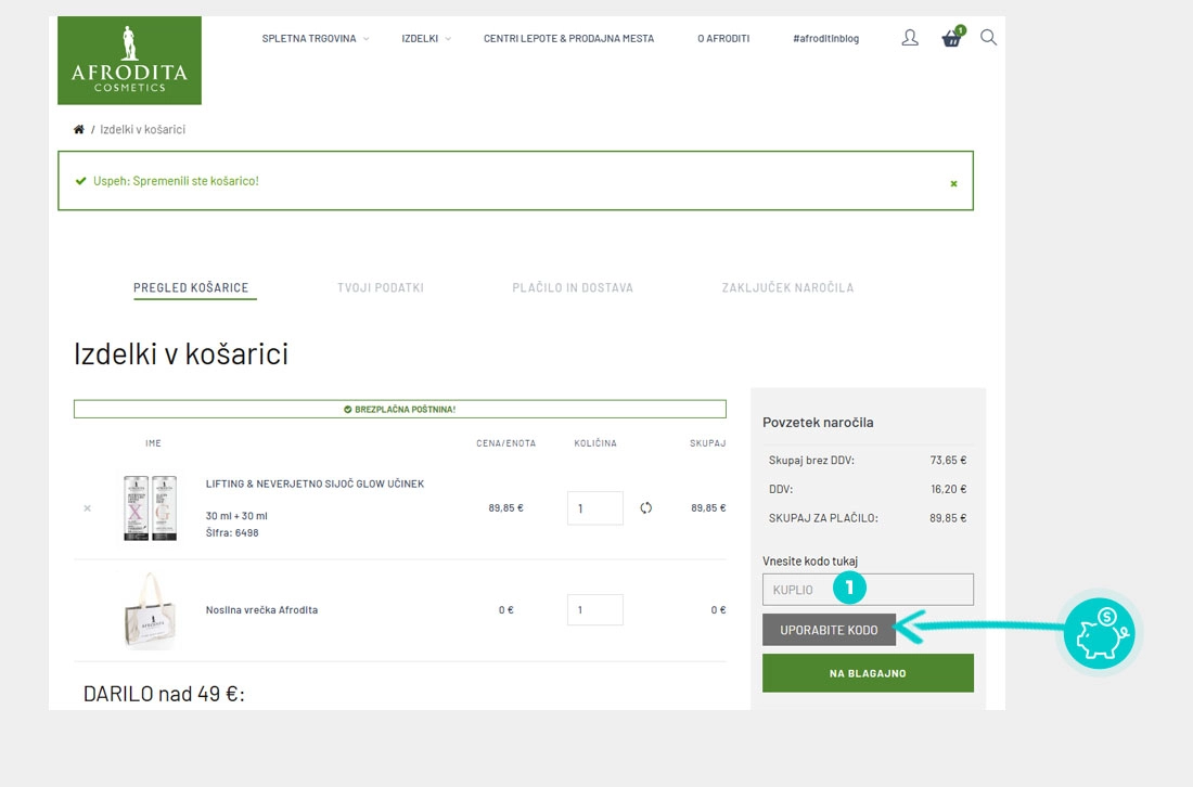 Navodila za uporabo kode za popust v spletni košarici za Afrodita