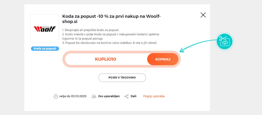 Navodila kako kopirati kodo za popust za Woolf shop