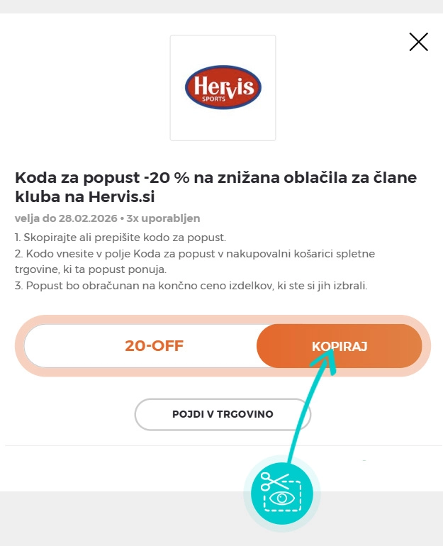 Navodila kako kopirati kodo za popust za Hervis