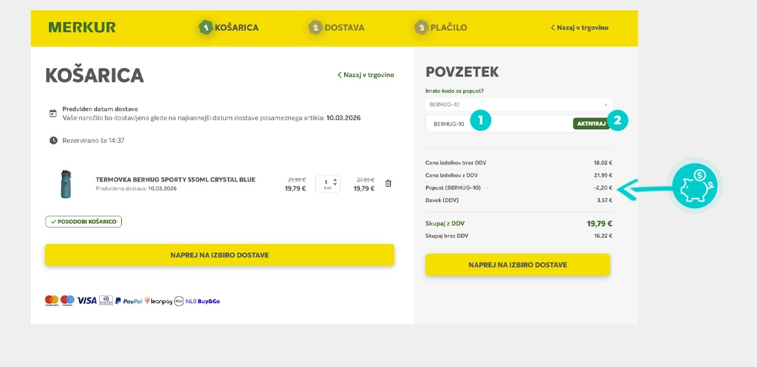 Navodila za uporabo kode za popust v spletni košarici za Merkur