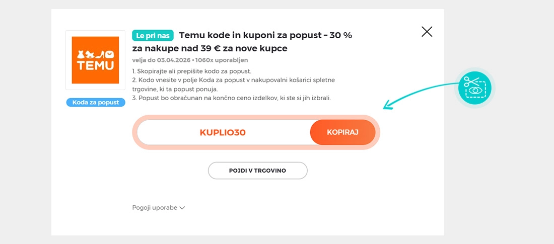 Navodila kako kopirati kodo za popust za Temu