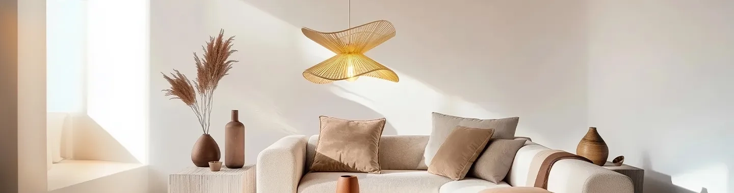 Viseča luč iz naravnih materialov nad bež sedežno garnituro.