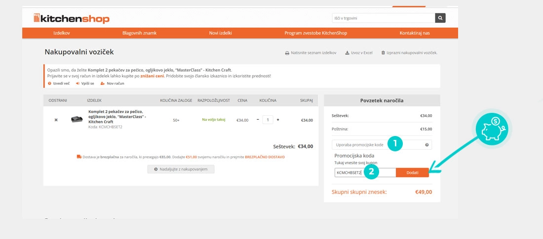 Navodila za uporabo kode za popust v spletni košarici za KitchenShop