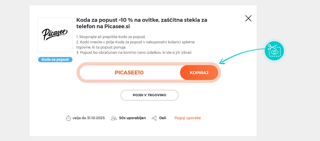 Navodila kako kopirati kodo za popust za Picasee
