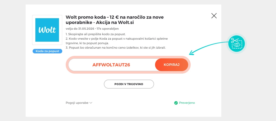 Navodila kako kopirati kodo za popust za Wolt