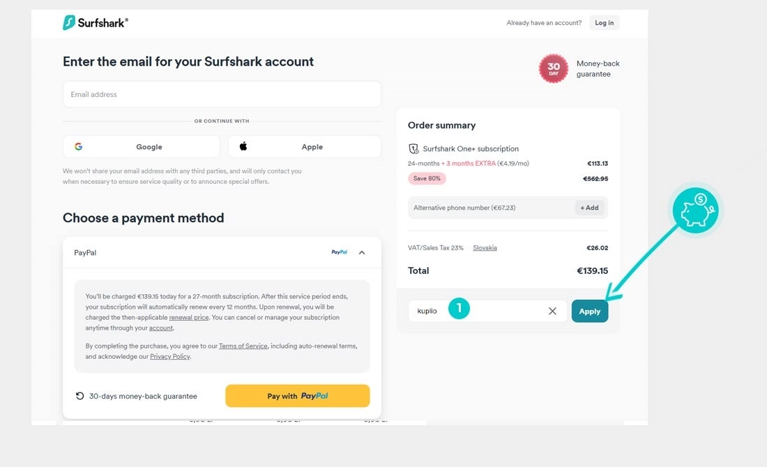 Navodila za uporabo kode za popust v spletni košarici za Surfshark