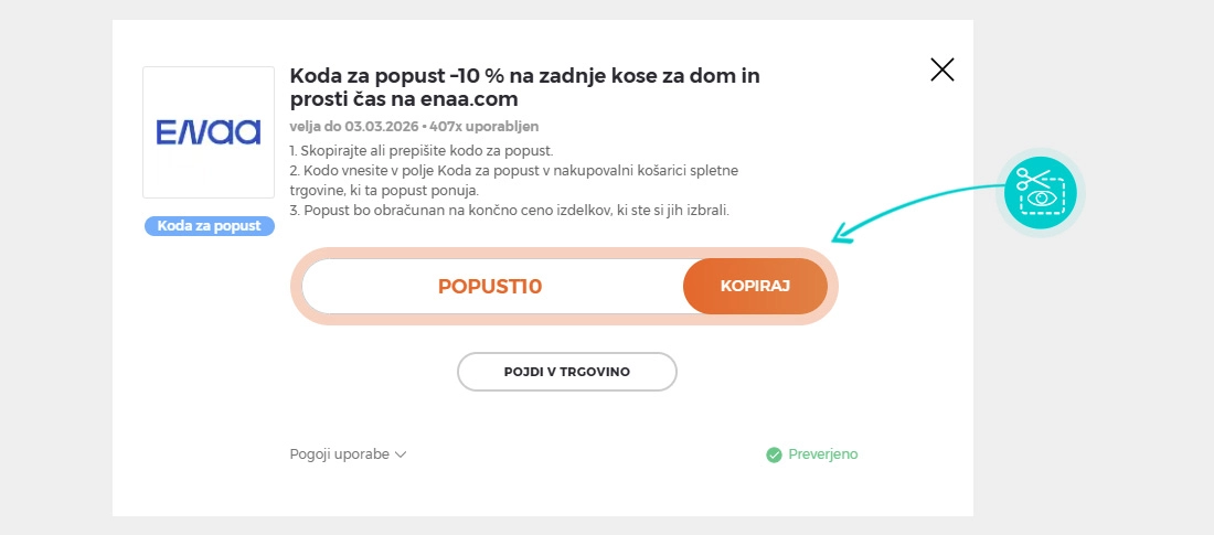 Navodila kako kopirati kodo za popust za enaA