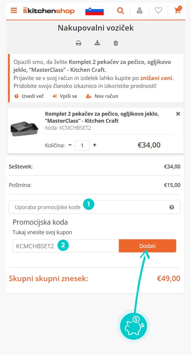 Navodila za uporabo kode za popust v spletni košarici za KitchenShop