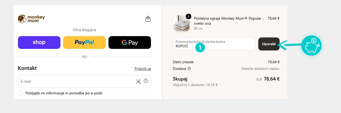 Navodila za uporabo kode za popust v spletni košarici za Monkey Mum