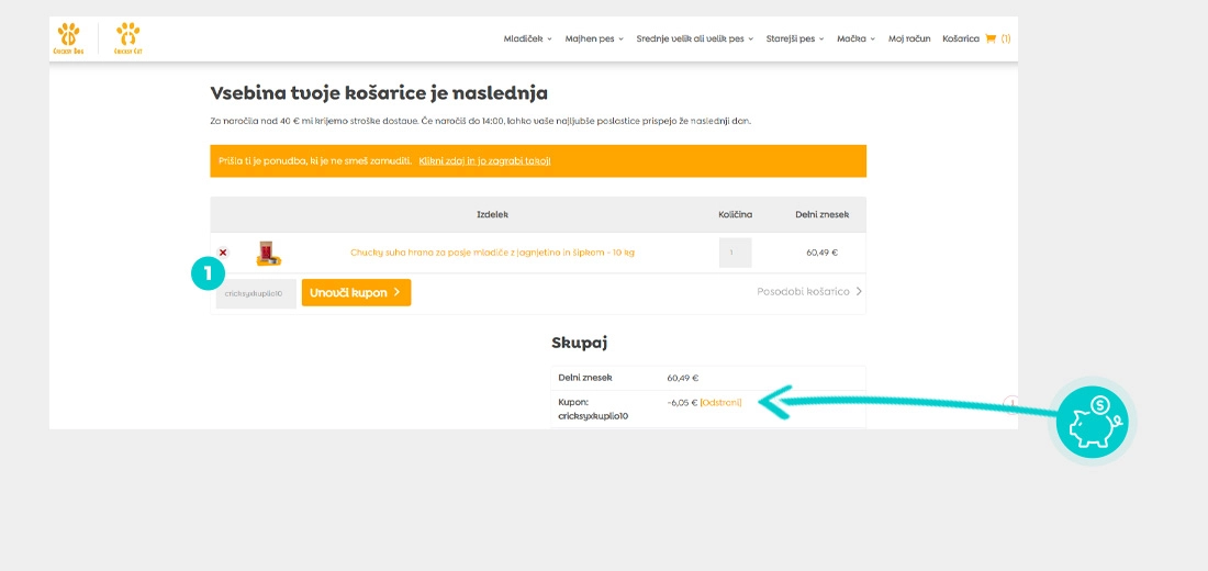 Navodila za uporabo kode za popust v spletni košarici za CricksyDog