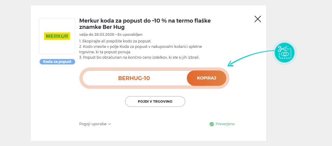 Navodila kako kopirati kodo za popust za Merkur