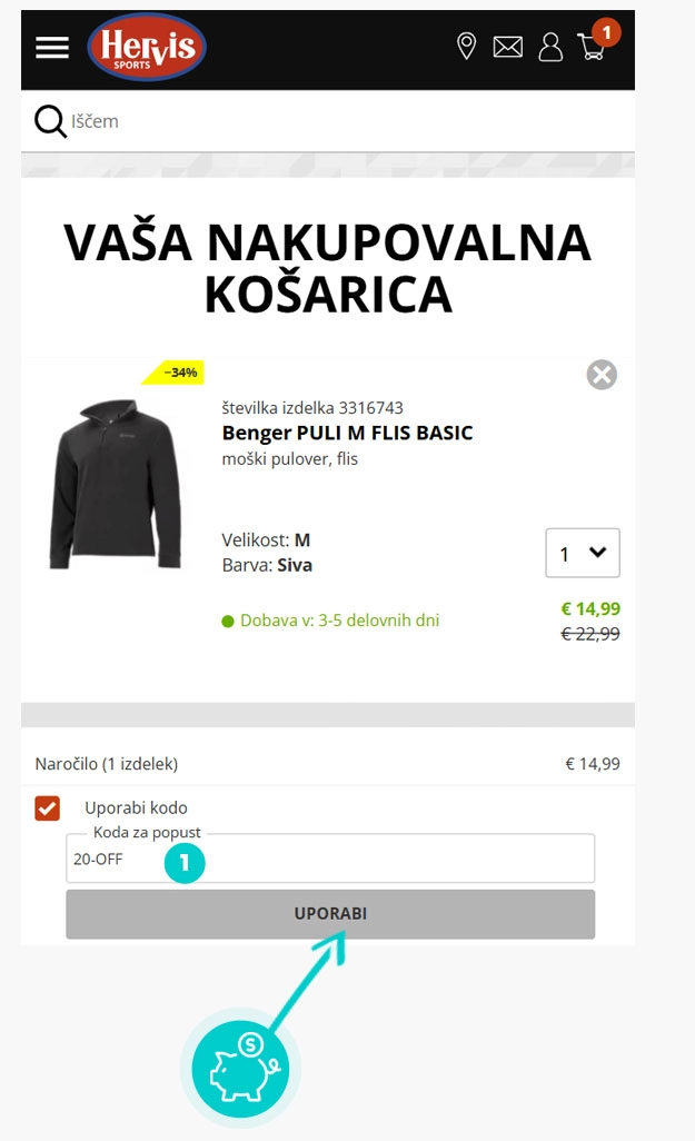 Navodila za uporabo kode za popust v spletni košarici za Hervis