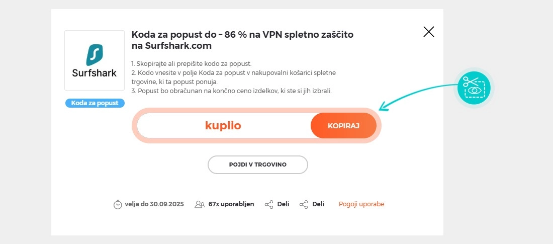Navodila kako kopirati kodo za popust za Surfshark