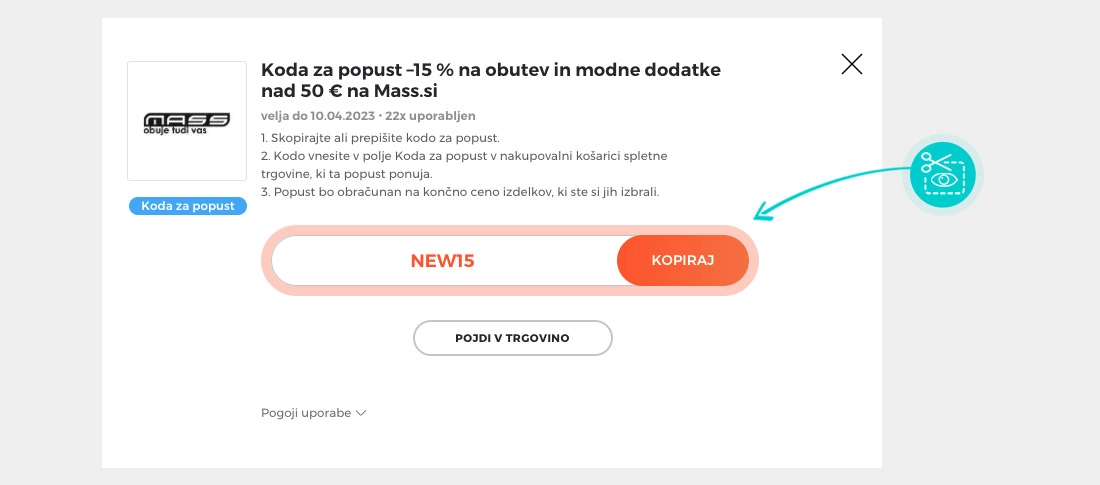 Navodila kako kopirati kodo za popust za Mass