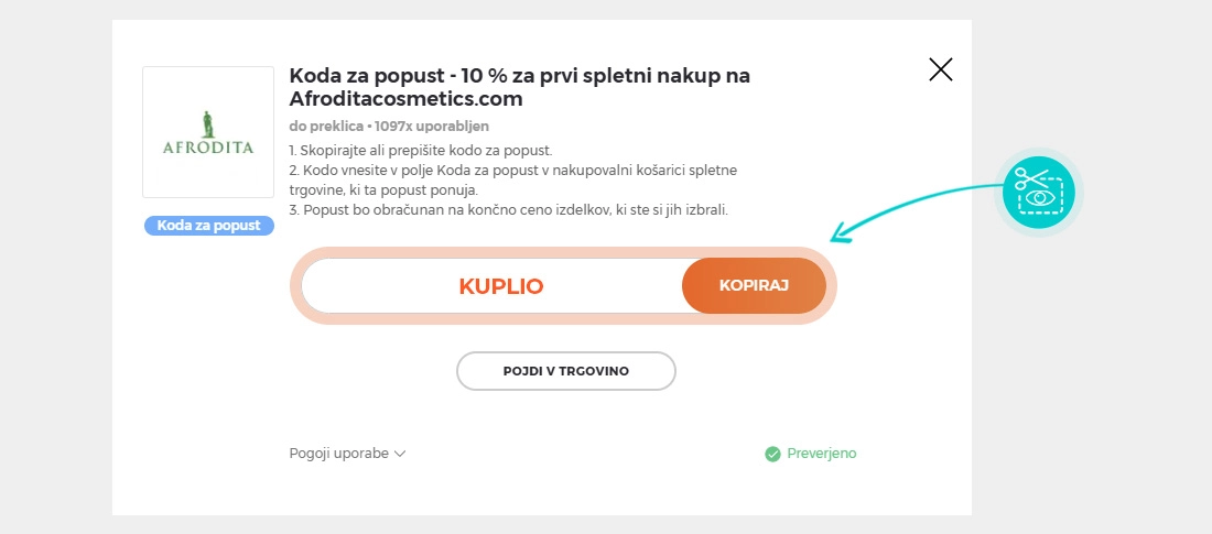 Navodila kako kopirati kodo za popust za Afrodita