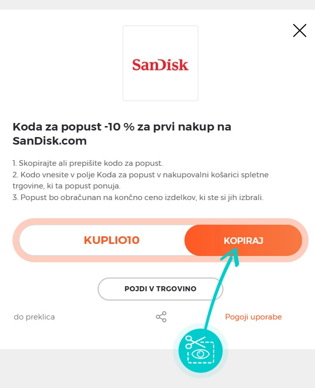 Navodila kako kopirati kodo za popust za Sandisk