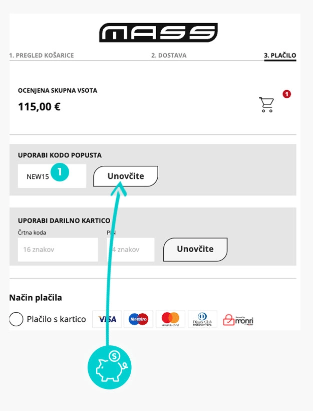 Navodila za uporabo kode za popust v spletni košarici za Mass