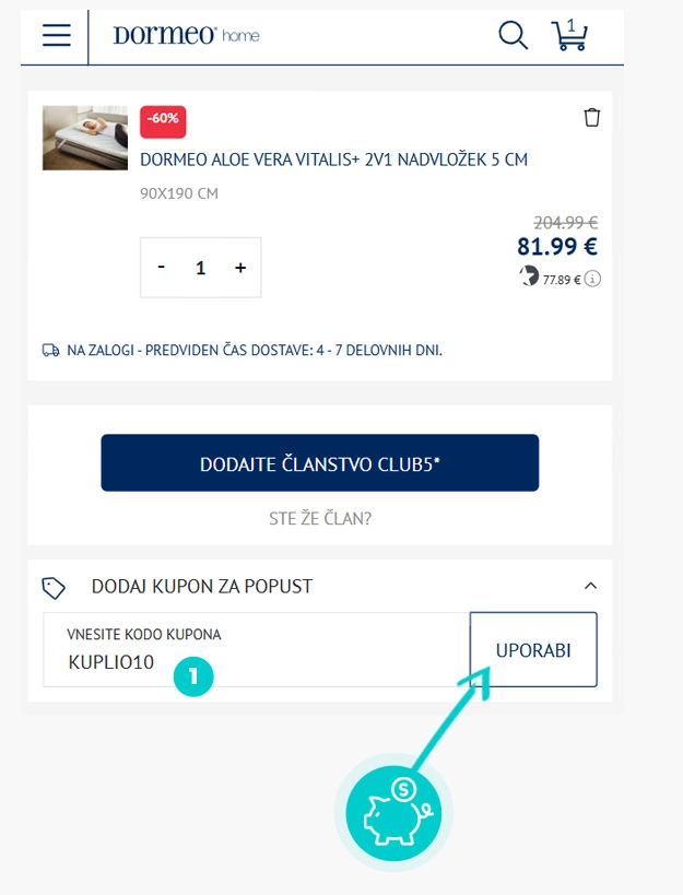 Navodila za uporabo kode za popust v spletni košarici za Dormeo