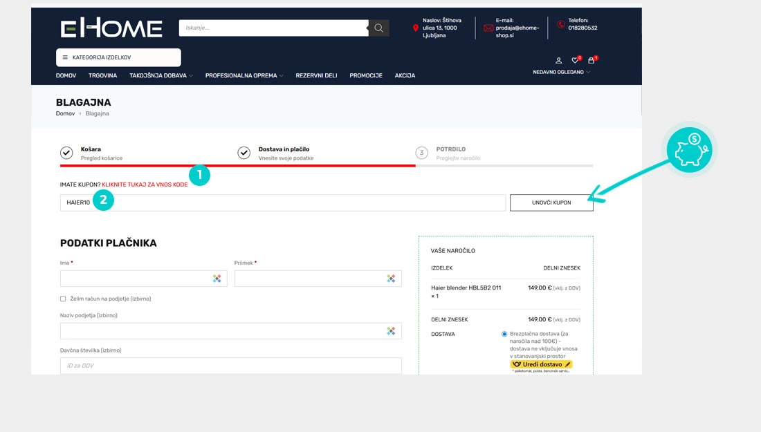 Navodila za uporabo kode za popust v spletni košarici za Ehome shop