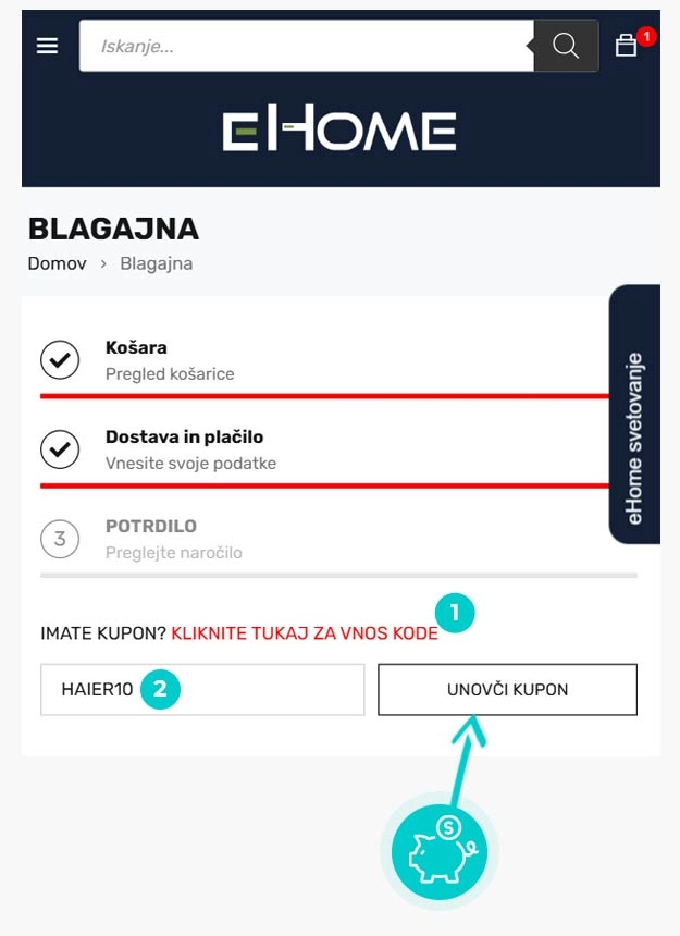Navodila za uporabo kode za popust v spletni košarici za Ehome shop