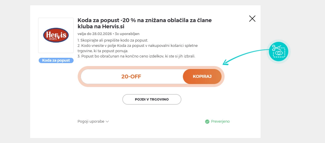 Navodila kako kopirati kodo za popust za Hervis