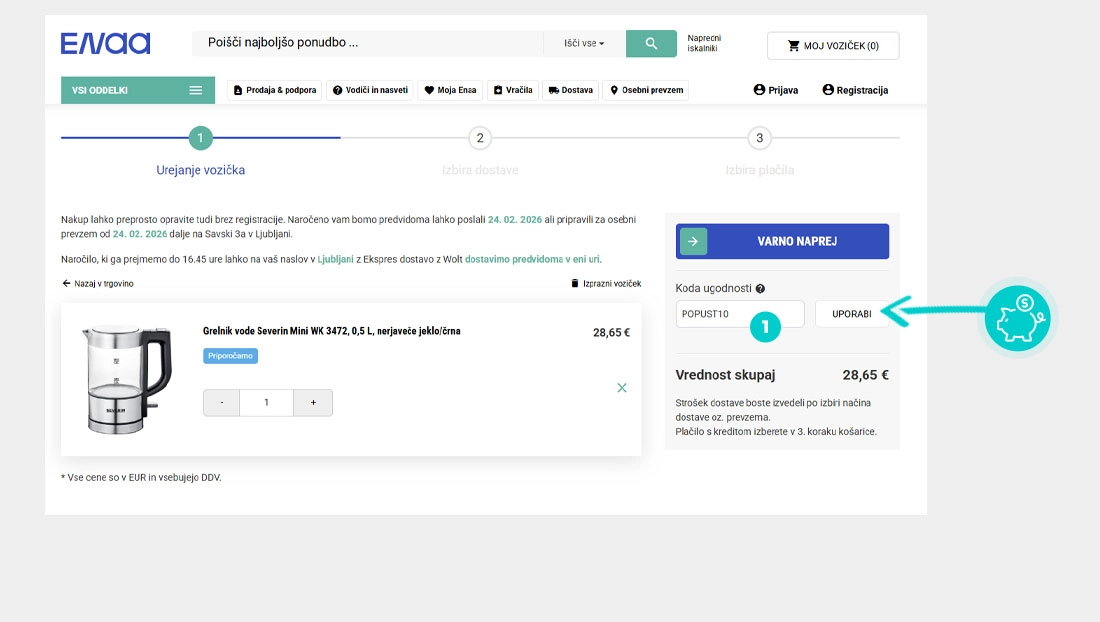 Navodila za uporabo kode za popust v spletni košarici za enaA